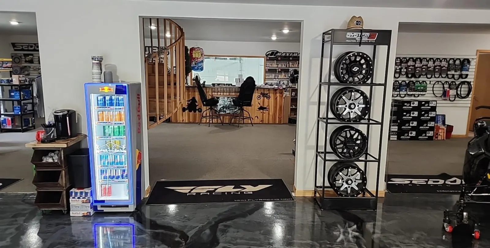 Parts counter with wheel display and drinks cooler
